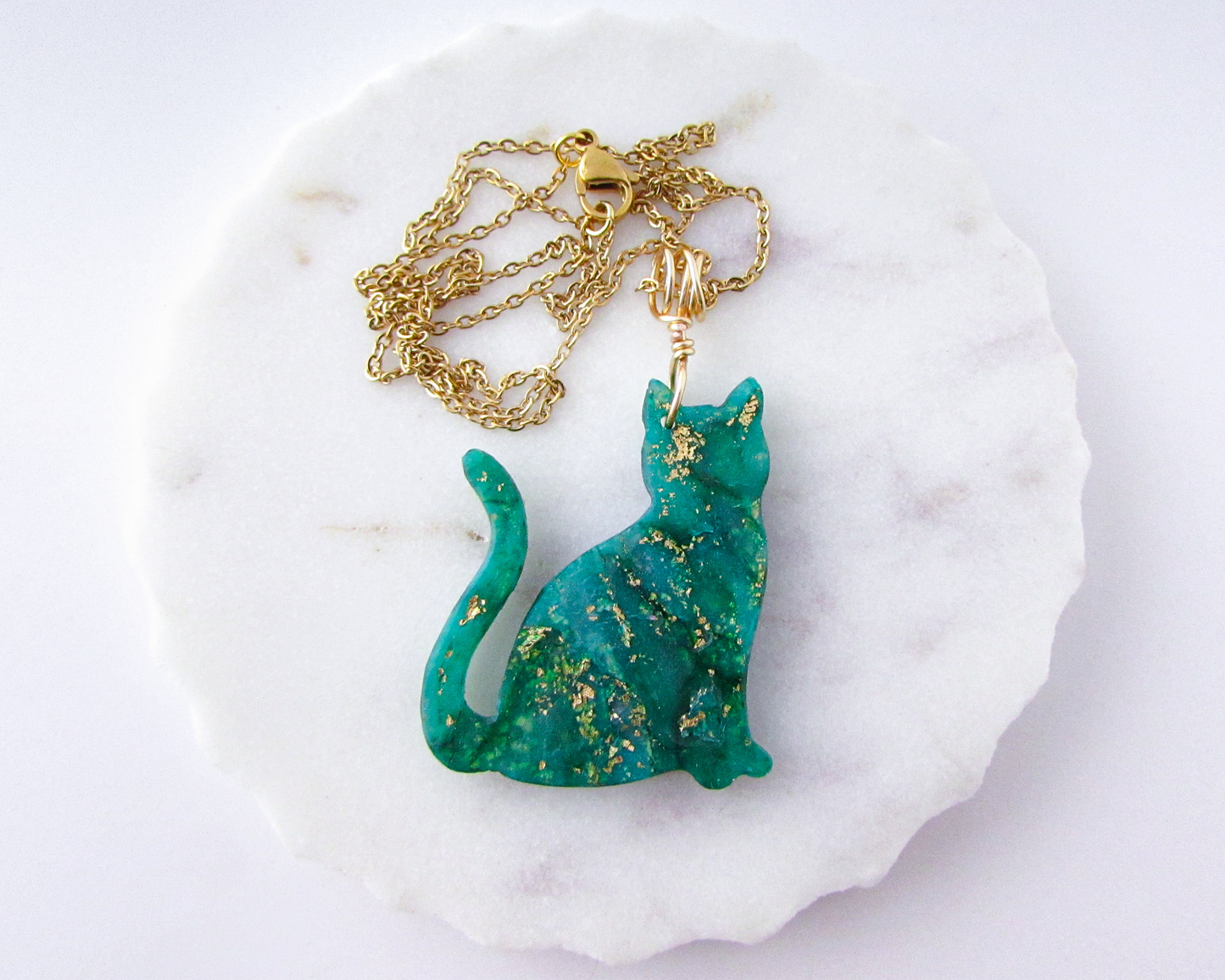 Cat Pendant Necklace in Emerald Green Quartz Swirl Polymer Clay