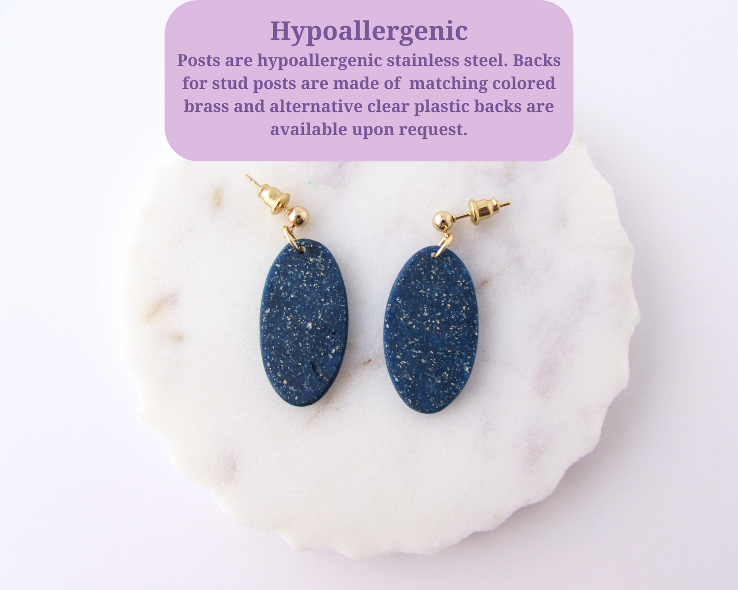 Floral Print Ovals - Dark Blue Shimmer Polymer Clay Earrings