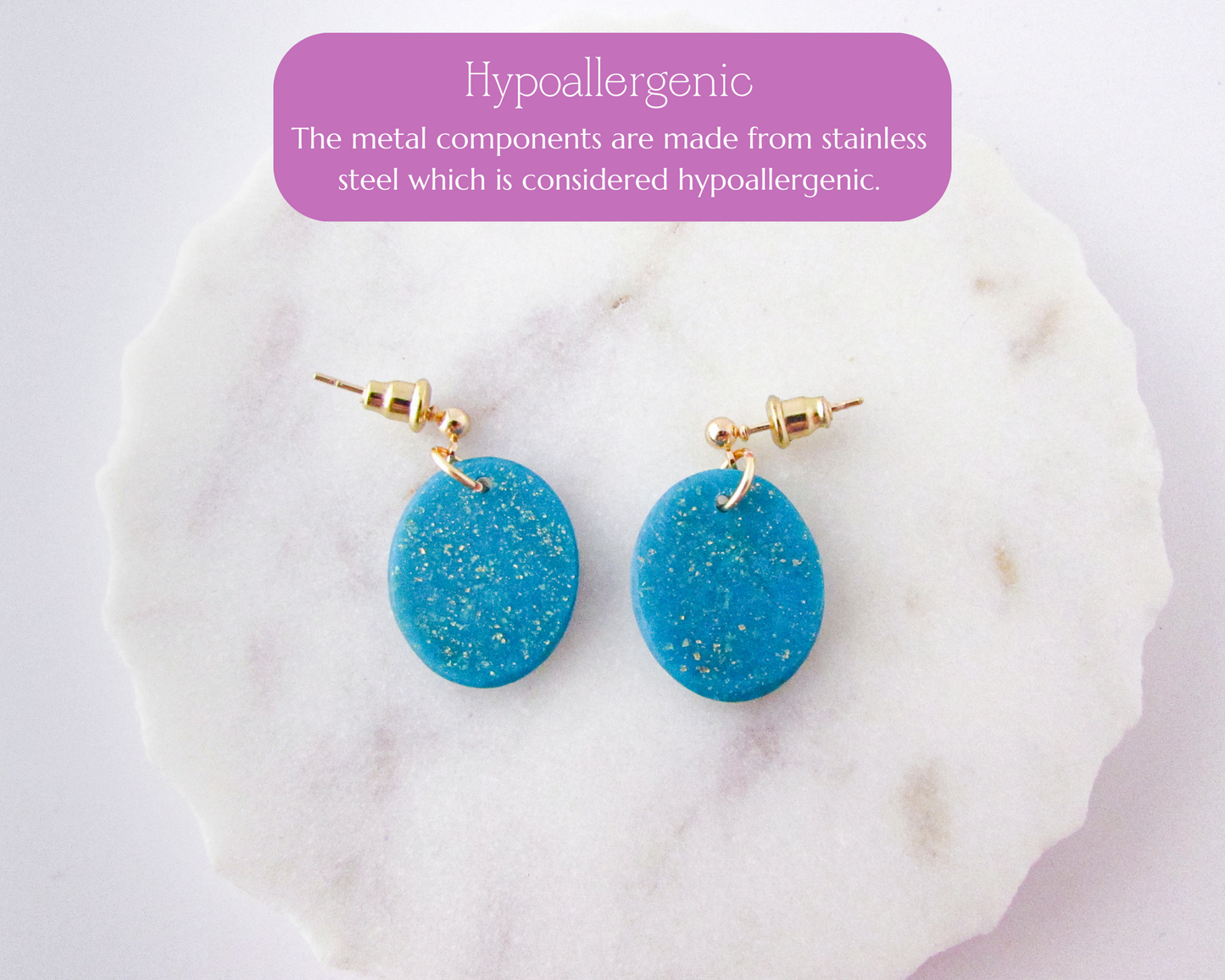 Little Floral Print Ovals - Aqua Blue Shimmer Polymer Clay Earrings