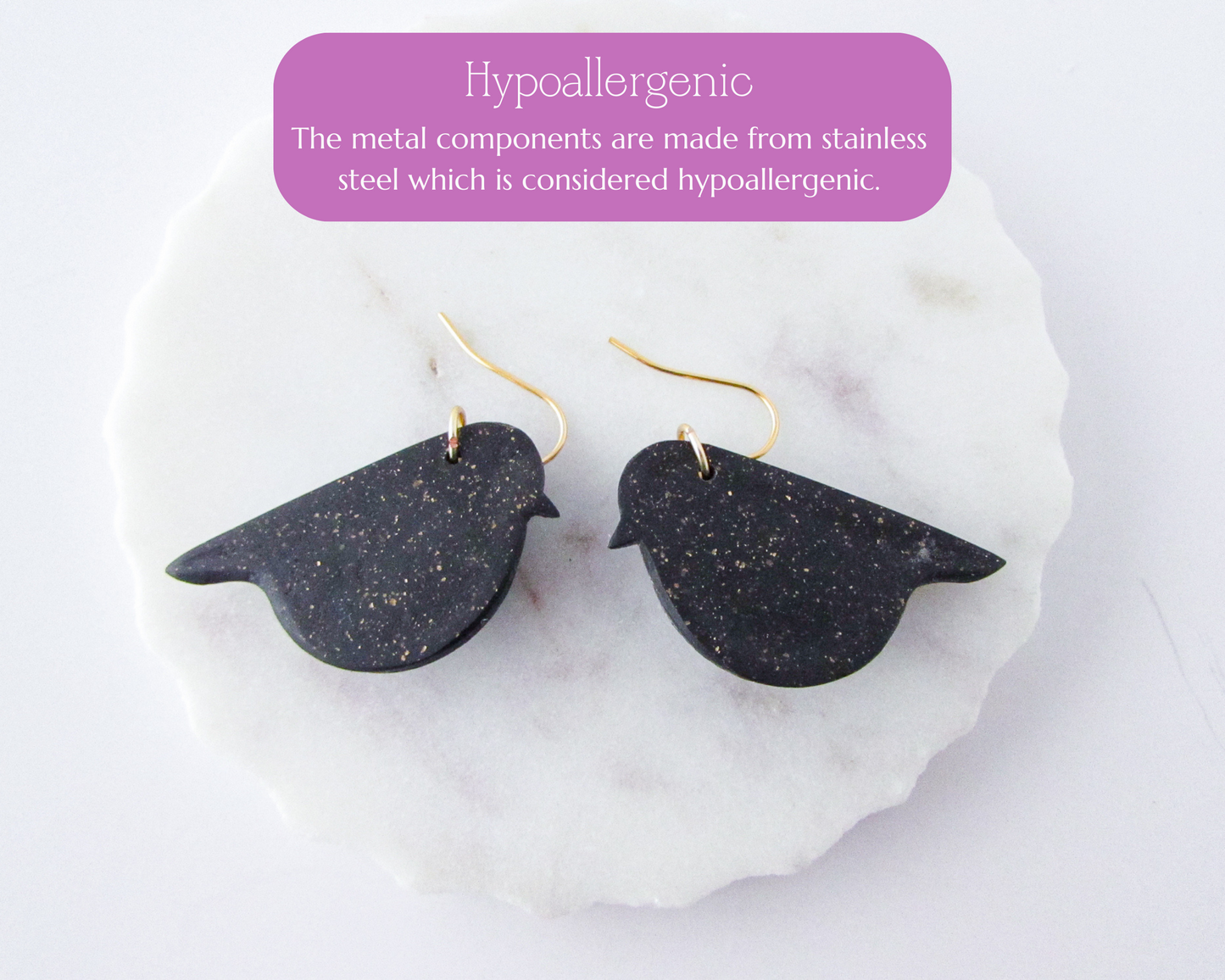 Song Birds - Black & Gold Marble and Shimmer Polymer Clay Earrings