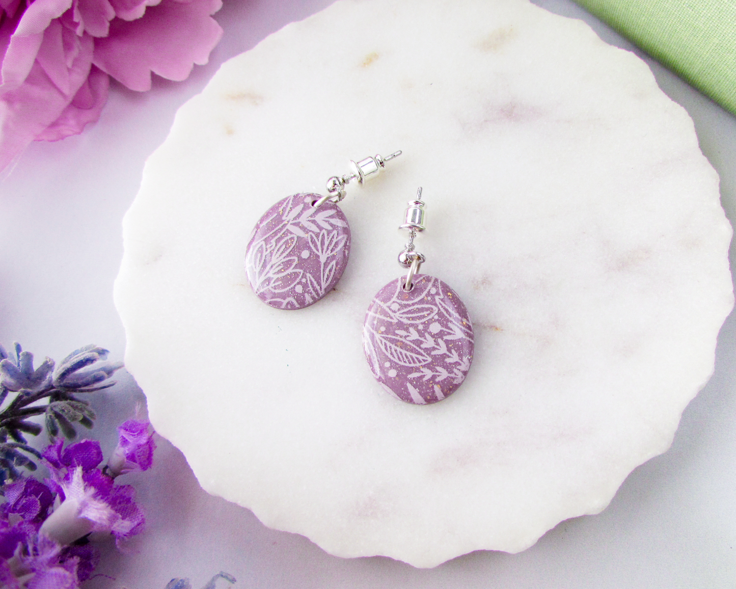 Little Floral Print Ovals - April Lilac Shimmer Polymer Clay Earrings