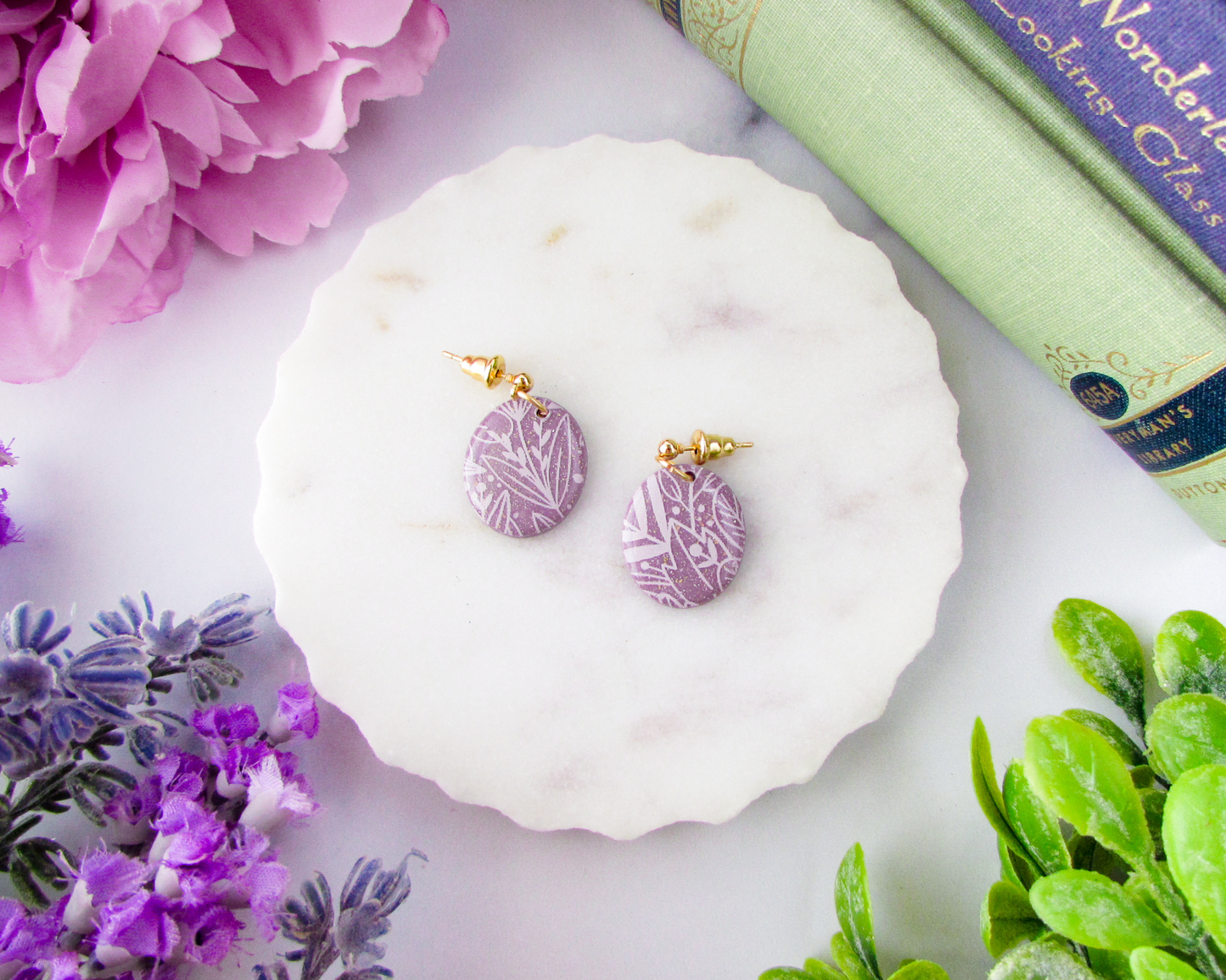 Little Floral Print Ovals - April Lilac Shimmer Polymer Clay Earrings