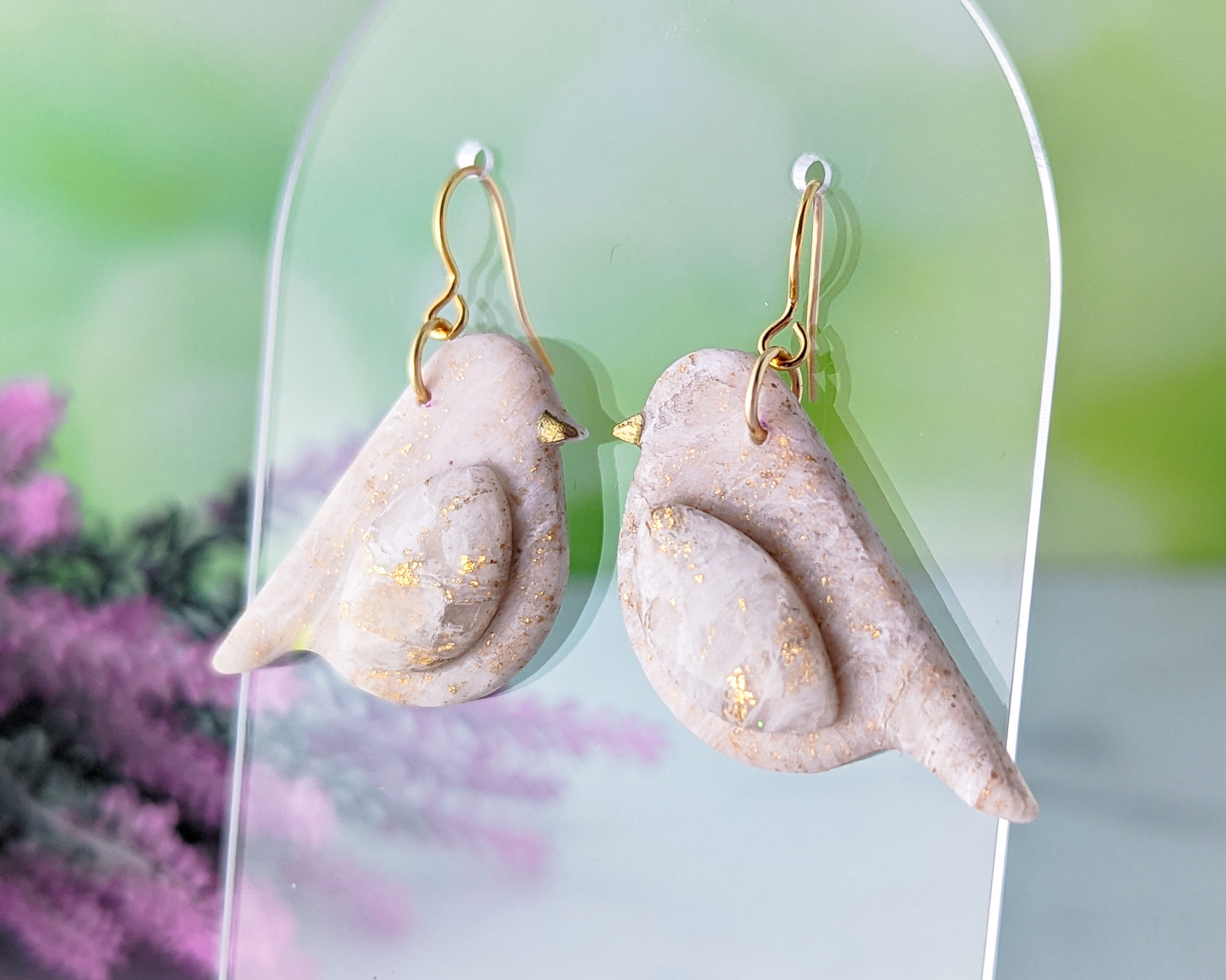 Song Birds - White & Ivory Marble and Shimmer Polymer Clay Earrings