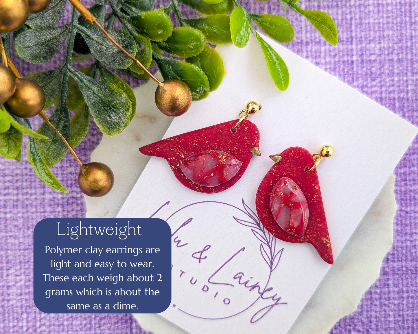 Song Birds - Red Quartz and Shimmer Polymer Clay Earrings - Holiday Cardinal Earrings