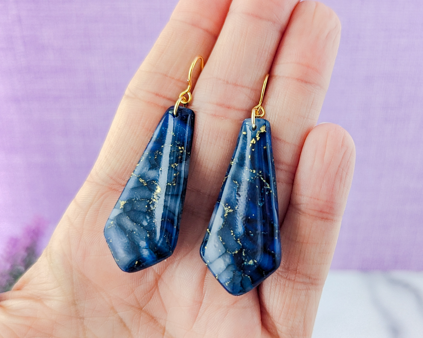 The Gwen in Dark Blue - Marbled Polymer Clay Earrings