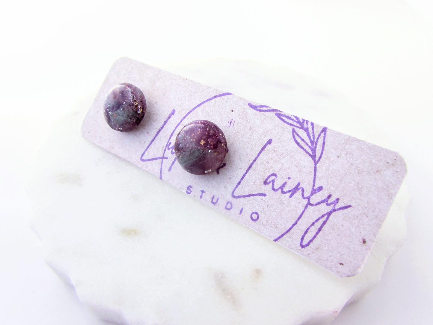 Dainty Stud Earrings in April Lilac Quartz Swirl Clay
