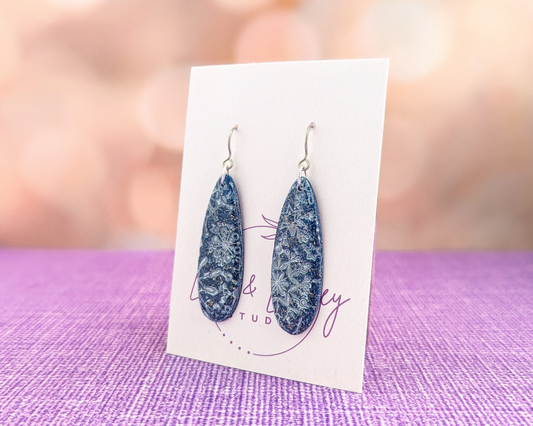 Simple Dangles in Blue and Silver Snowflakes - Dark Blue Christmas and Winter Earrings