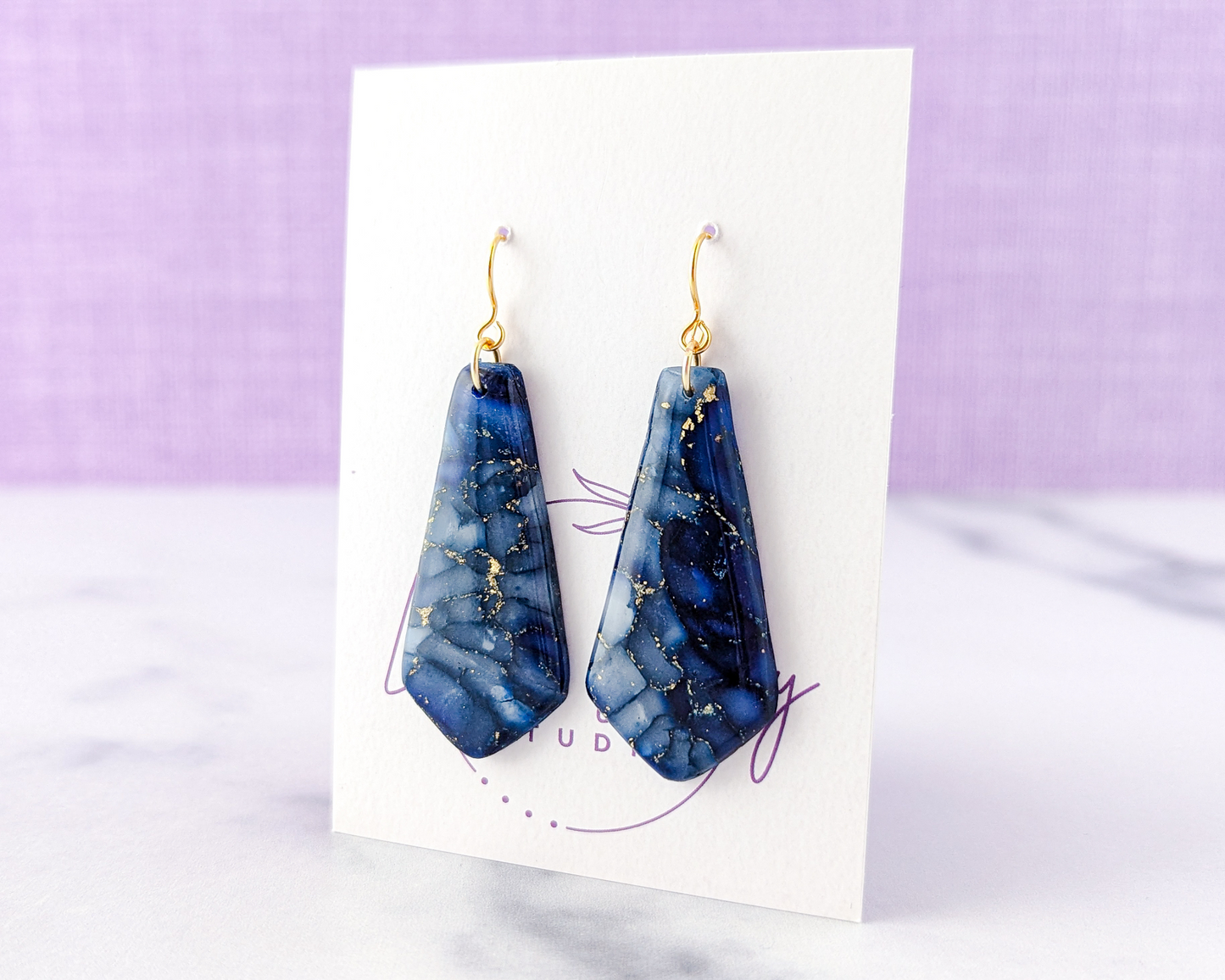 The Gwen in Dark Blue - Marbled Polymer Clay Earrings