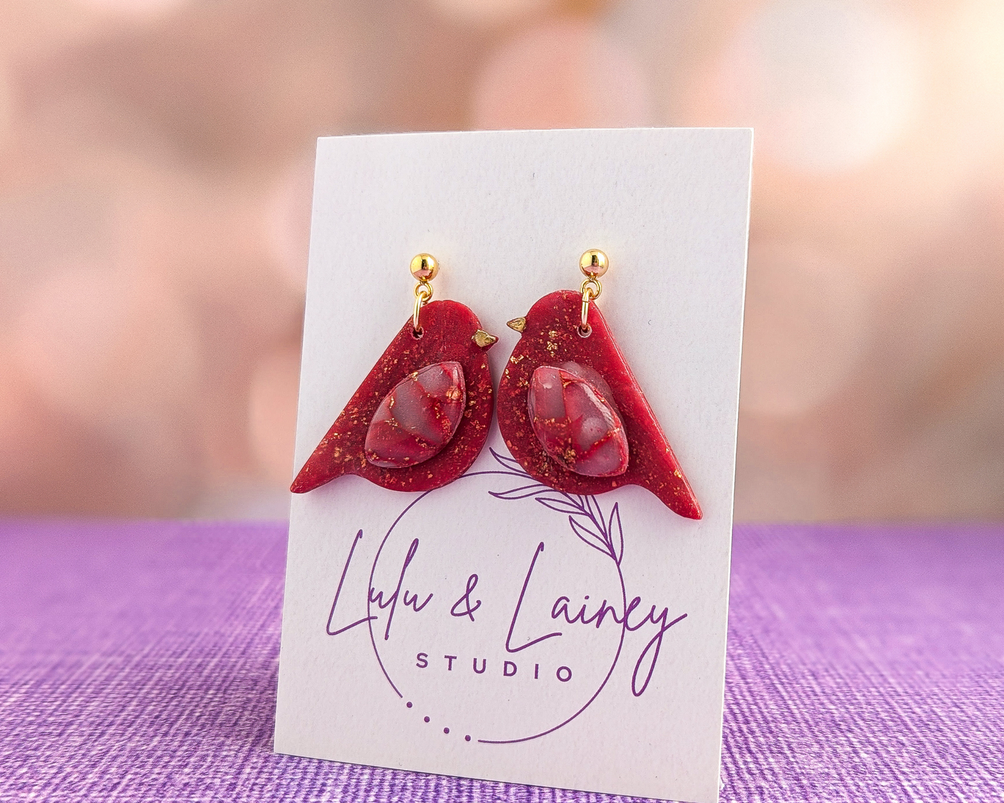 Song Birds - Red Quartz and Shimmer Polymer Clay Earrings - Holiday Cardinal Earrings