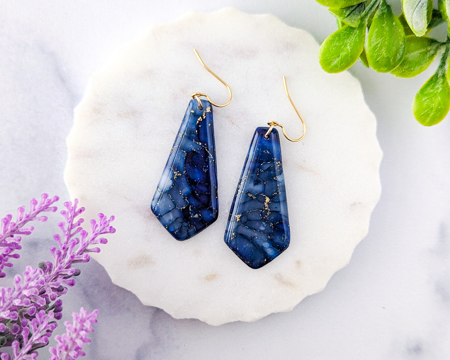 The Gwen in Dark Blue - Marbled Polymer Clay Earrings