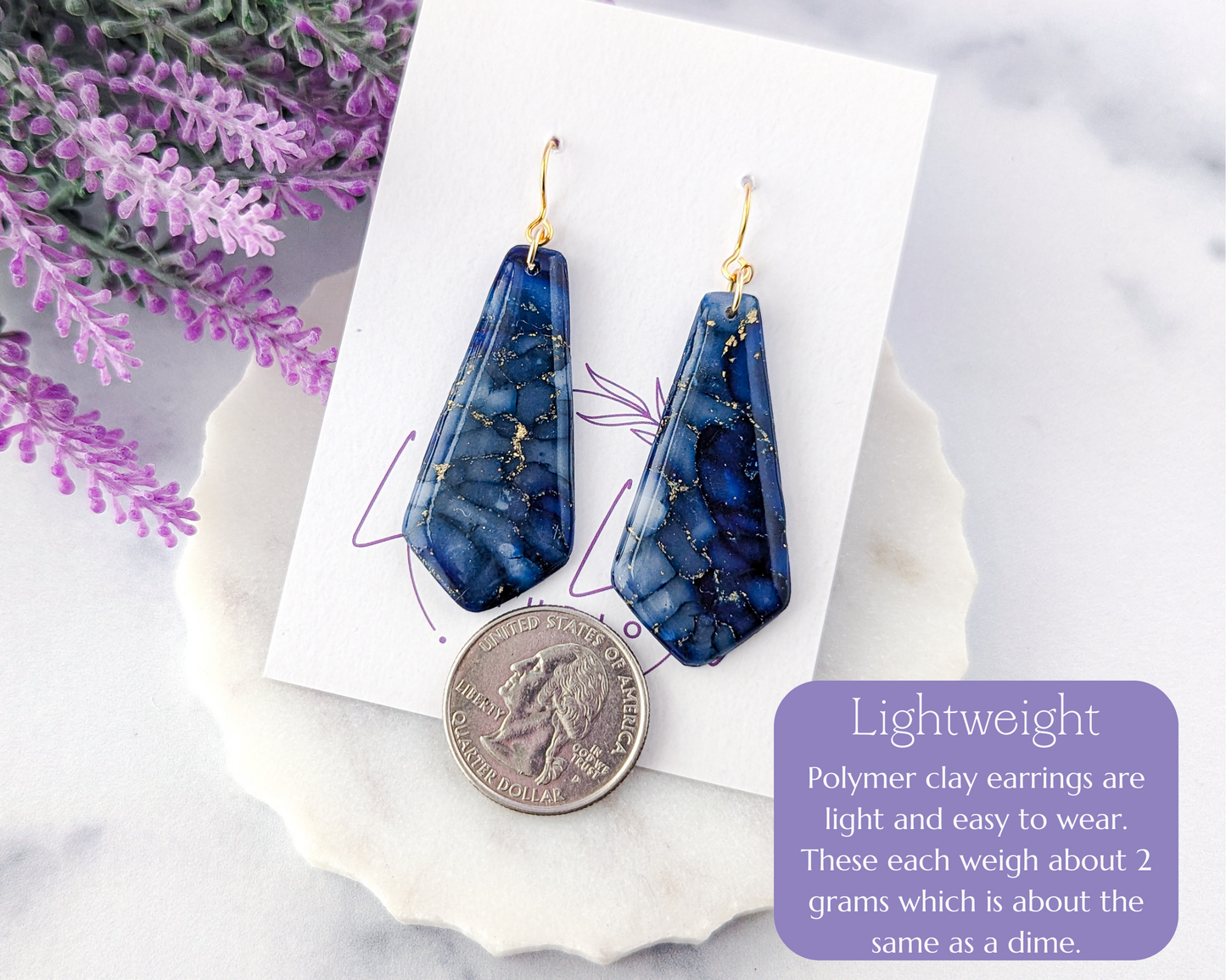 The Gwen in Dark Blue - Marbled Polymer Clay Earrings