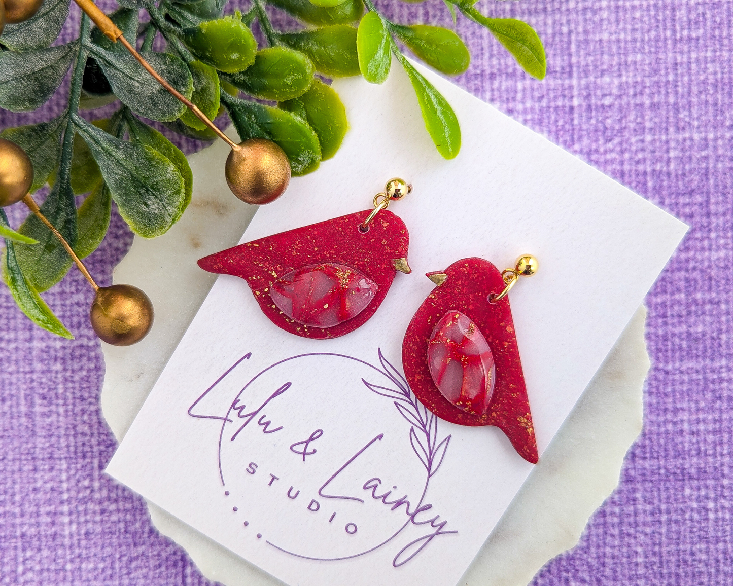 Song Birds - Red Quartz and Shimmer Polymer Clay Earrings - Holiday Cardinal Earrings