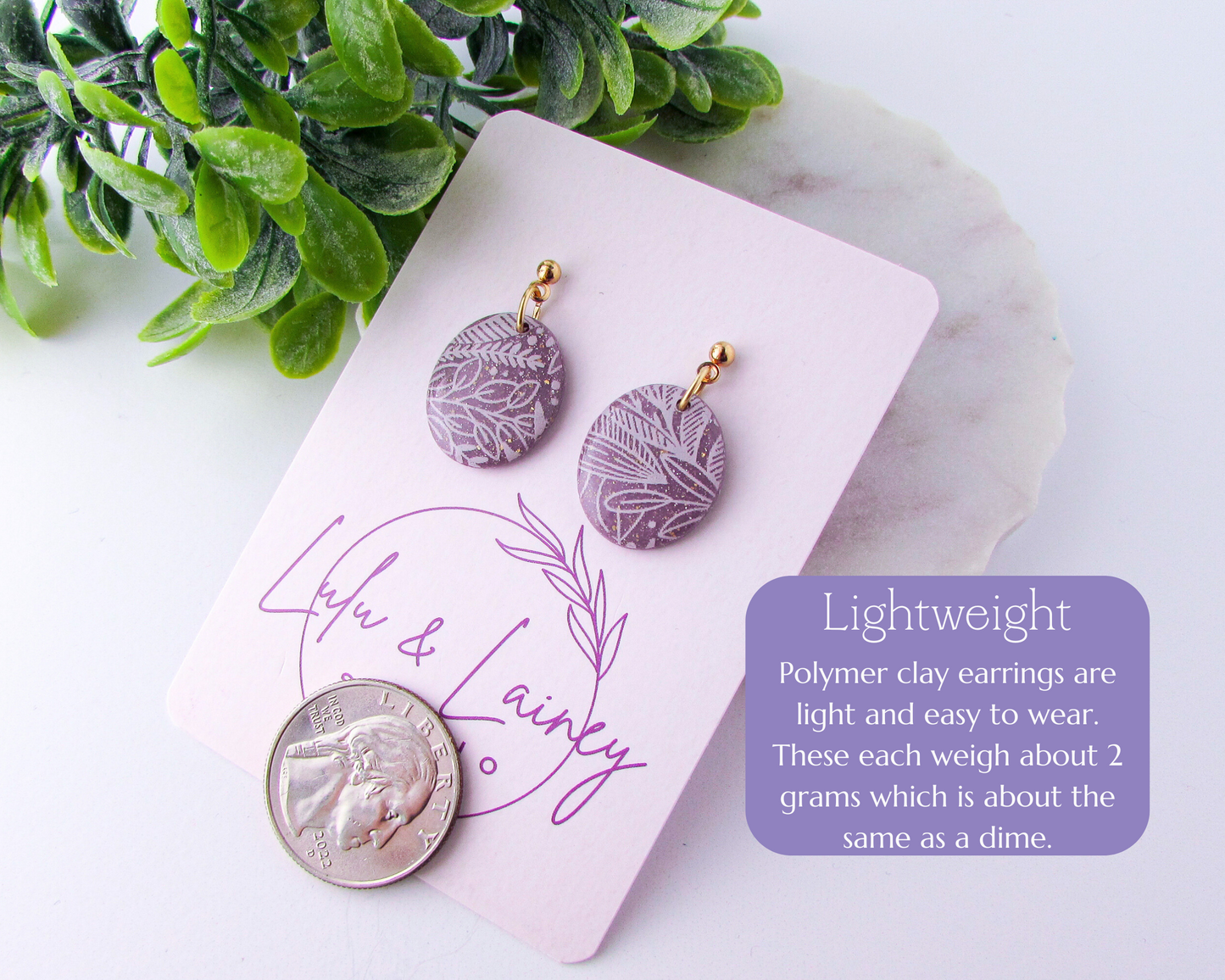 Little Floral Print Ovals - April Lilac Shimmer Polymer Clay Earrings