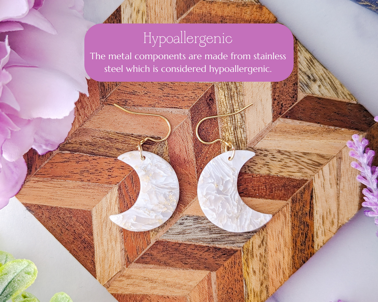 Moons - White & Ivory Marble Swirl Polymer Clay Earrings