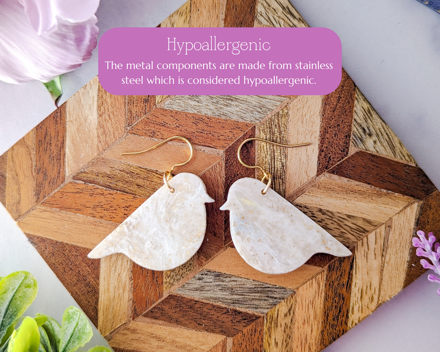 Song Birds - White & Ivory Marble and Shimmer Polymer Clay Earrings