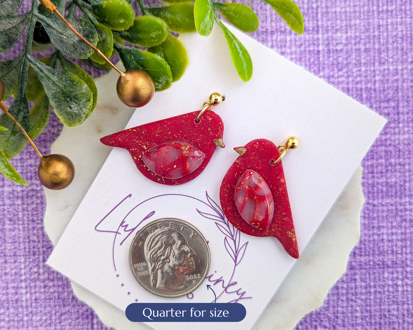 Song Birds - Red Quartz and Shimmer Polymer Clay Earrings - Holiday Cardinal Earrings