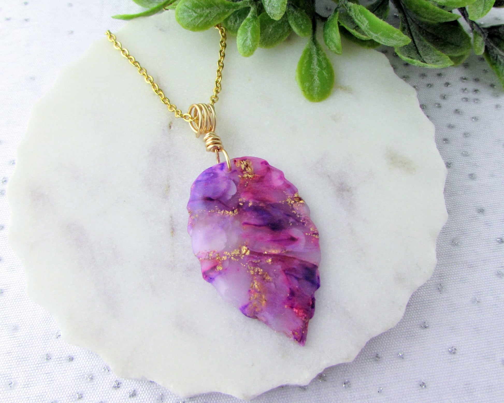 Leaf Necklace - Handmade Polymer Clay Pendant - Purple and Pink Quartz Clay - Artsy and Creative Piece for a Whimsical and Fun Statement