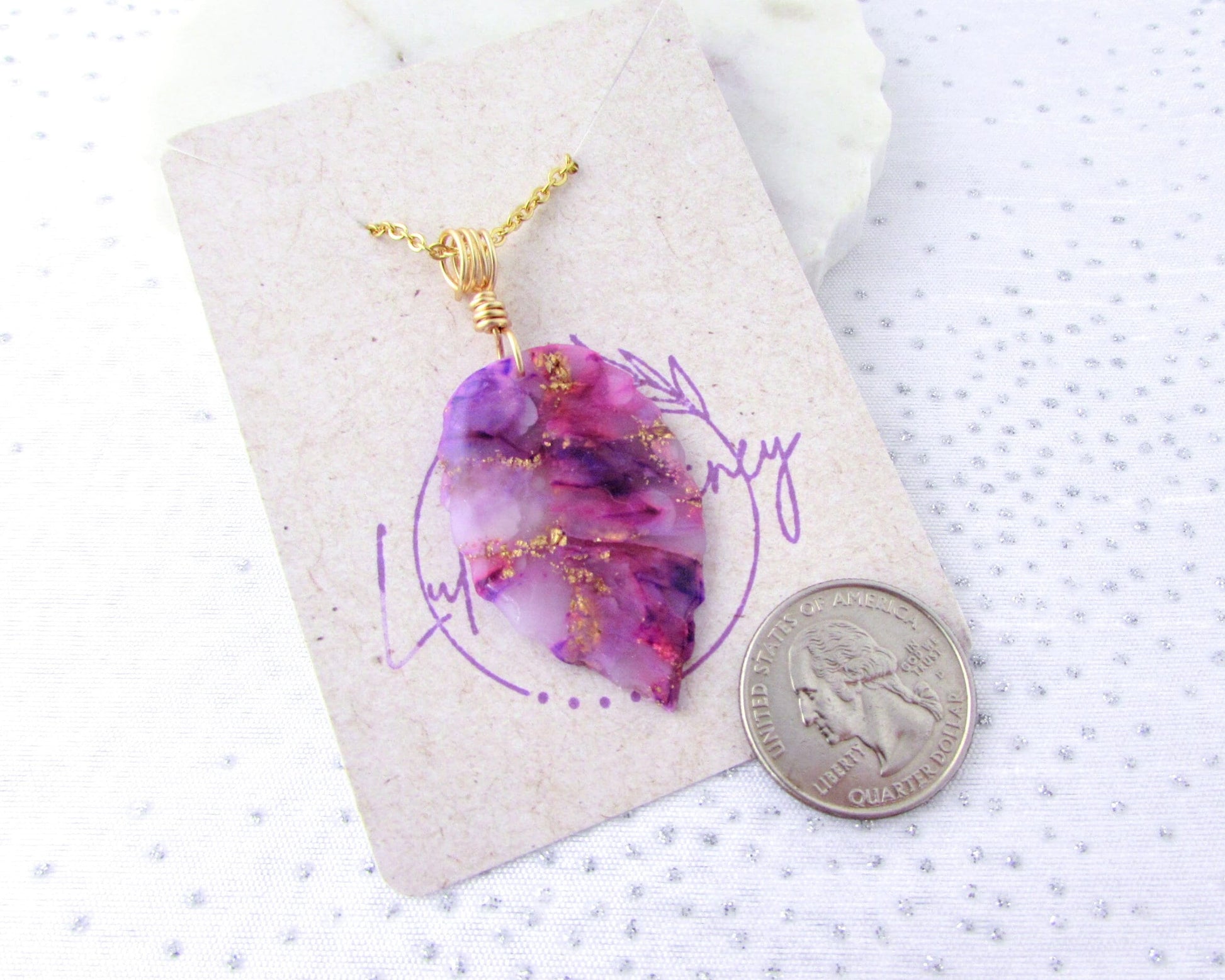 Leaf Necklace - Handmade Polymer Clay Pendant - Purple and Pink Quartz Clay - Artsy and Creative Piece for a Whimsical and Fun Statement