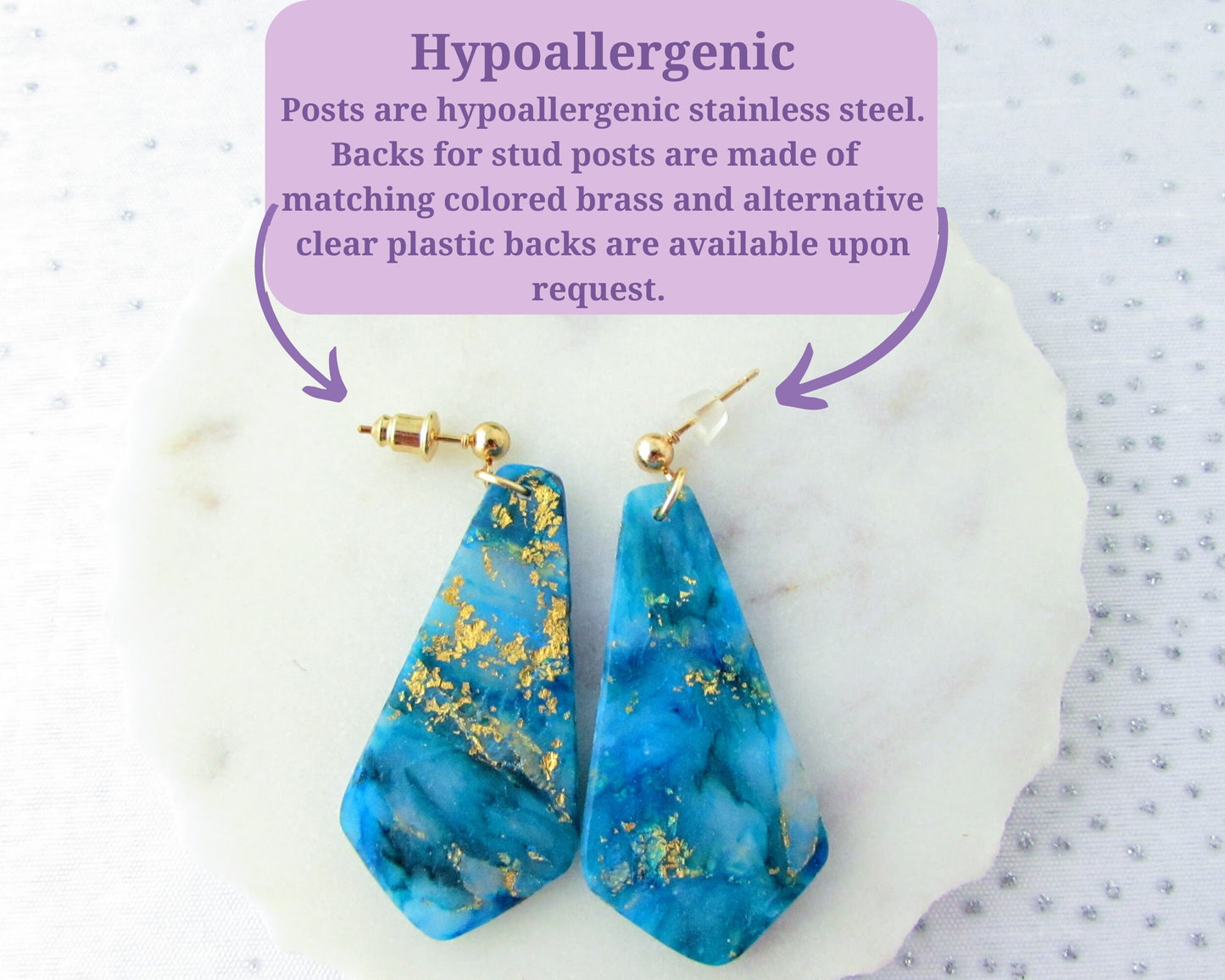 Quartz Clay Earrings - Handmade Polymer Clay Earrings - The Gwen in Aqua Blue and Gold - Elegant & Artsy Dangles - Bridesmaid Gifts