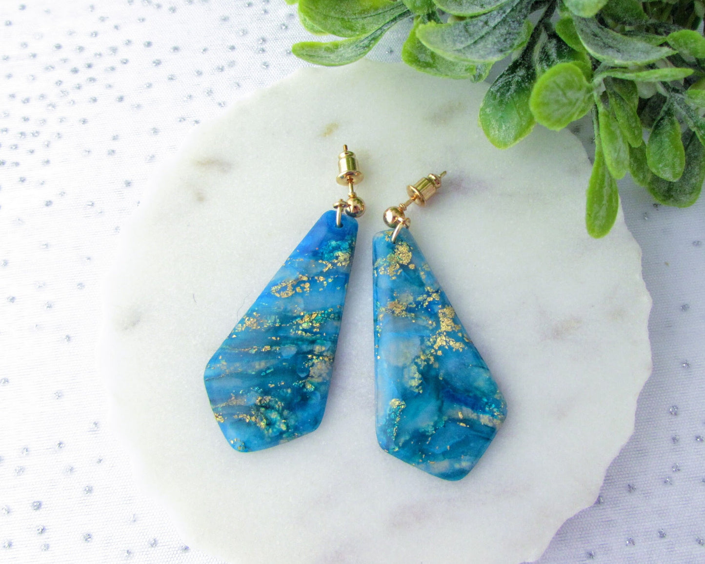 Quartz Clay Earrings - Handmade Polymer Clay Earrings - The Gwen in Aqua Blue and Gold - Elegant & Artsy Dangles - Bridesmaid Gifts