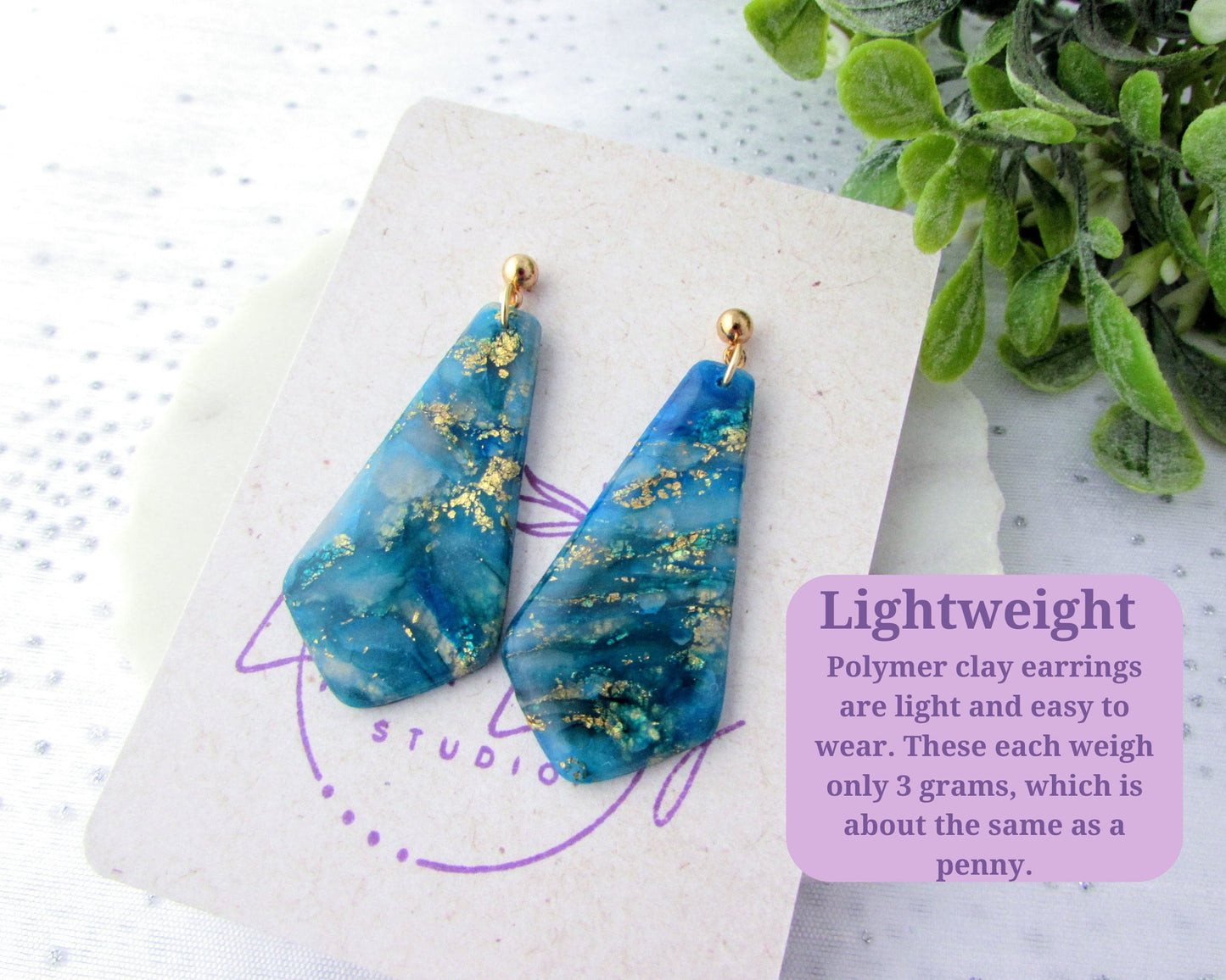 Quartz Clay Earrings - Handmade Polymer Clay Earrings - The Gwen in Aqua Blue and Gold - Elegant & Artsy Dangles - Bridesmaid Gifts