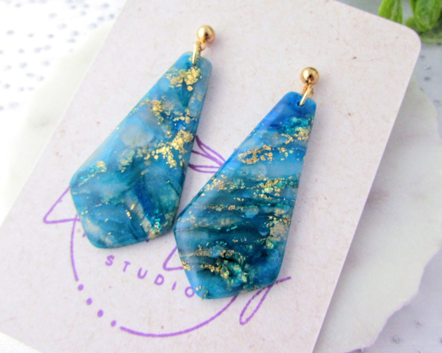 Quartz Clay Earrings - Handmade Polymer Clay Earrings - The Gwen in Aqua Blue and Gold - Elegant & Artsy Dangles - Bridesmaid Gifts