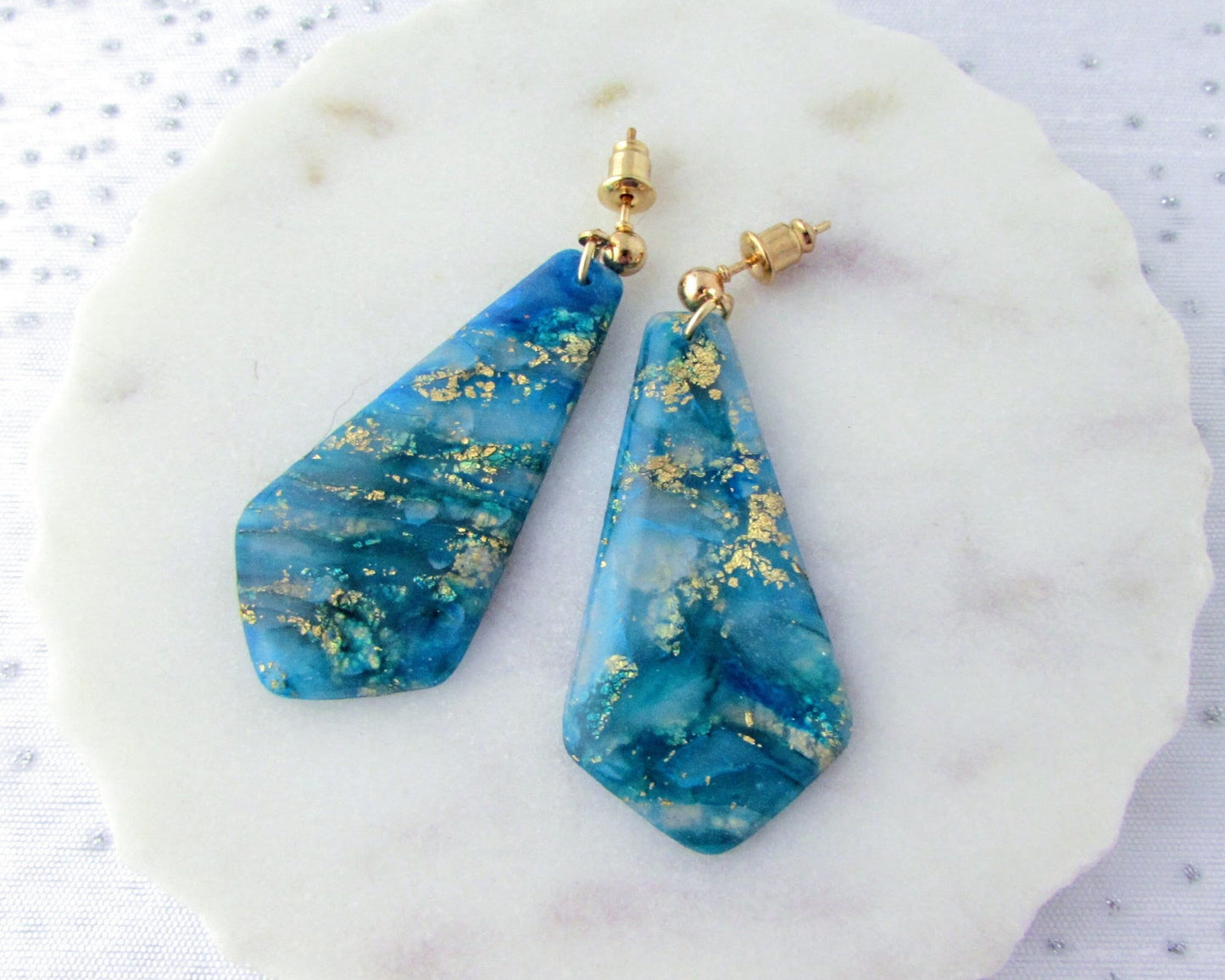 Quartz Clay Earrings - Handmade Polymer Clay Earrings - The Gwen in Aqua Blue and Gold - Elegant & Artsy Dangles - Bridesmaid Gifts