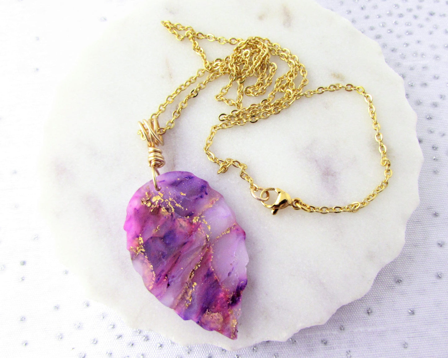 Leaf Necklace - Handmade Polymer Clay Pendant - Purple and Pink Quartz Clay - Artsy and Creative Piece for a Whimsical and Fun Statement