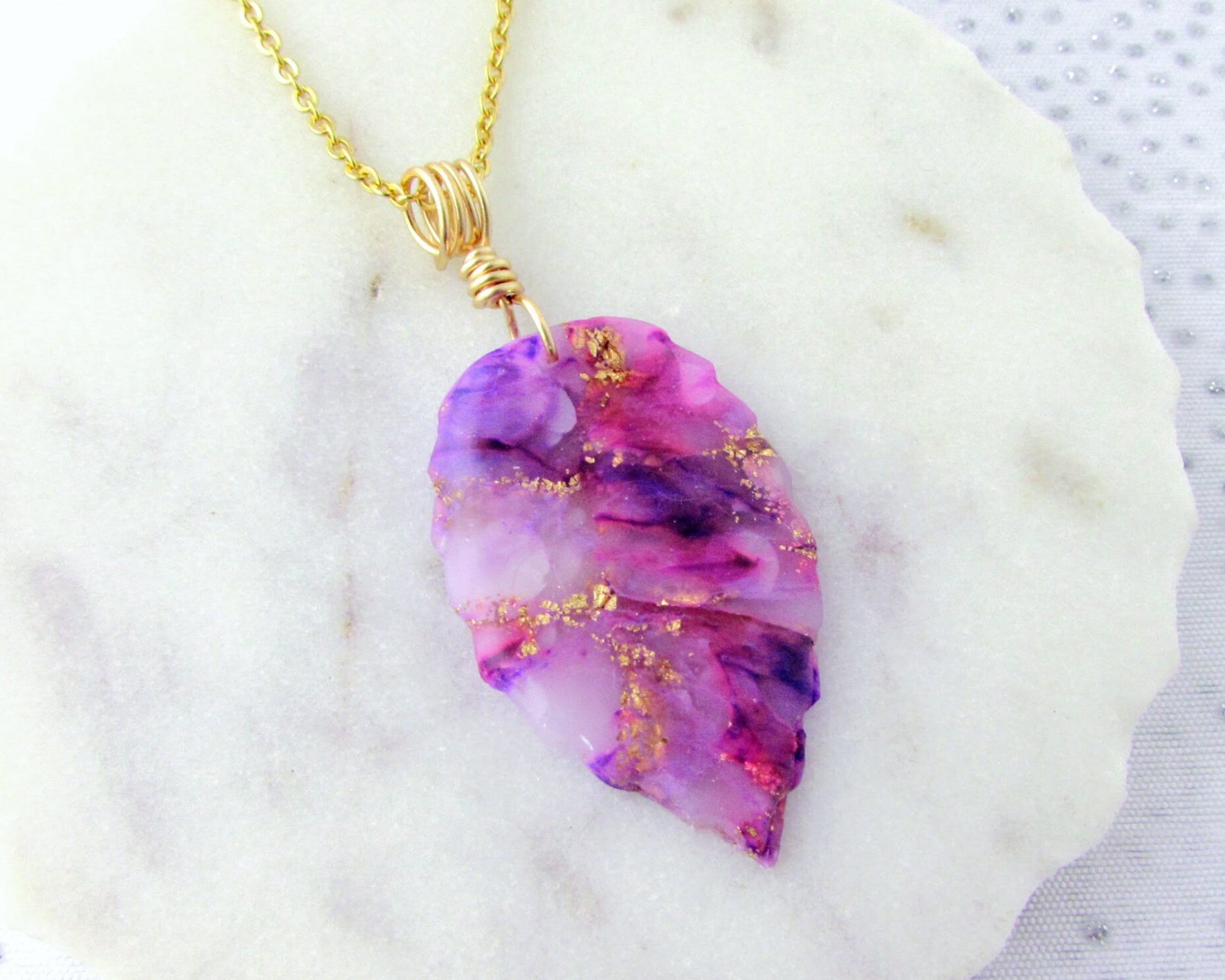 Leaf Necklace - Handmade Polymer Clay Pendant - Purple and Pink Quartz Clay - Artsy and Creative Piece for a Whimsical and Fun Statement