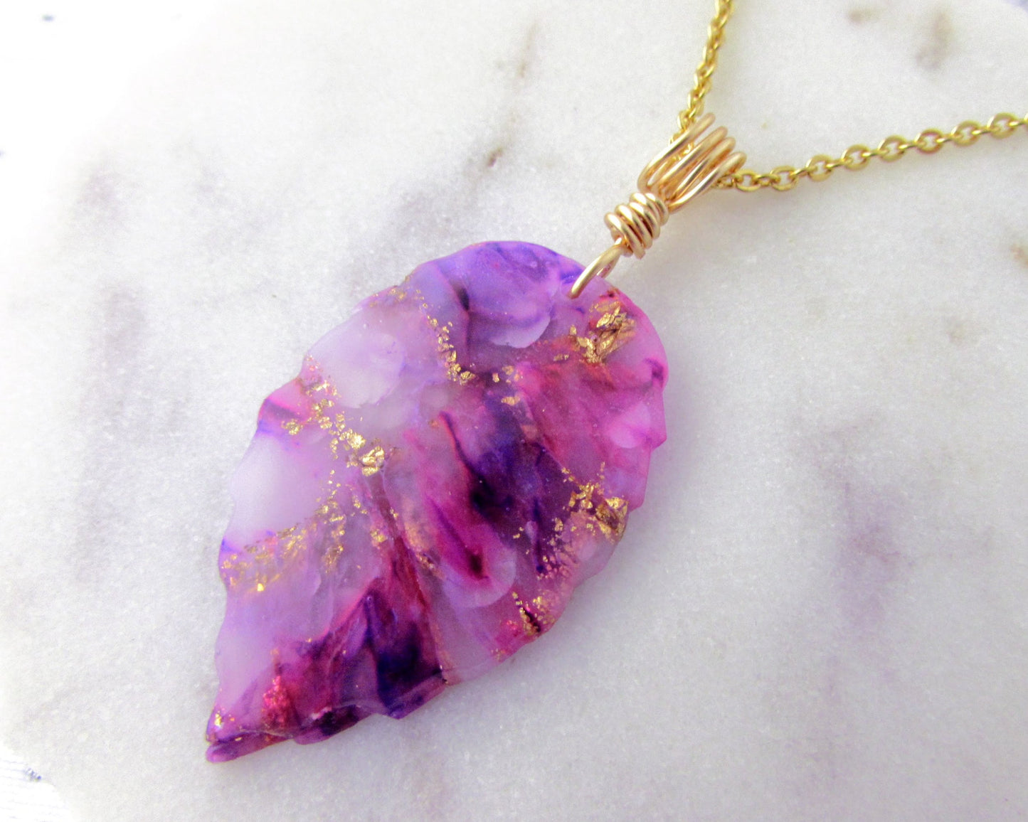 Leaf Necklace - Handmade Polymer Clay Pendant - Purple and Pink Quartz Clay - Artsy and Creative Piece for a Whimsical and Fun Statement