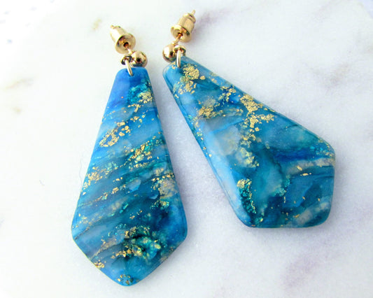Quartz Clay Earrings - Handmade Polymer Clay Earrings - The Gwen in Aqua Blue and Gold - Elegant & Artsy Dangles - Bridesmaid Gifts