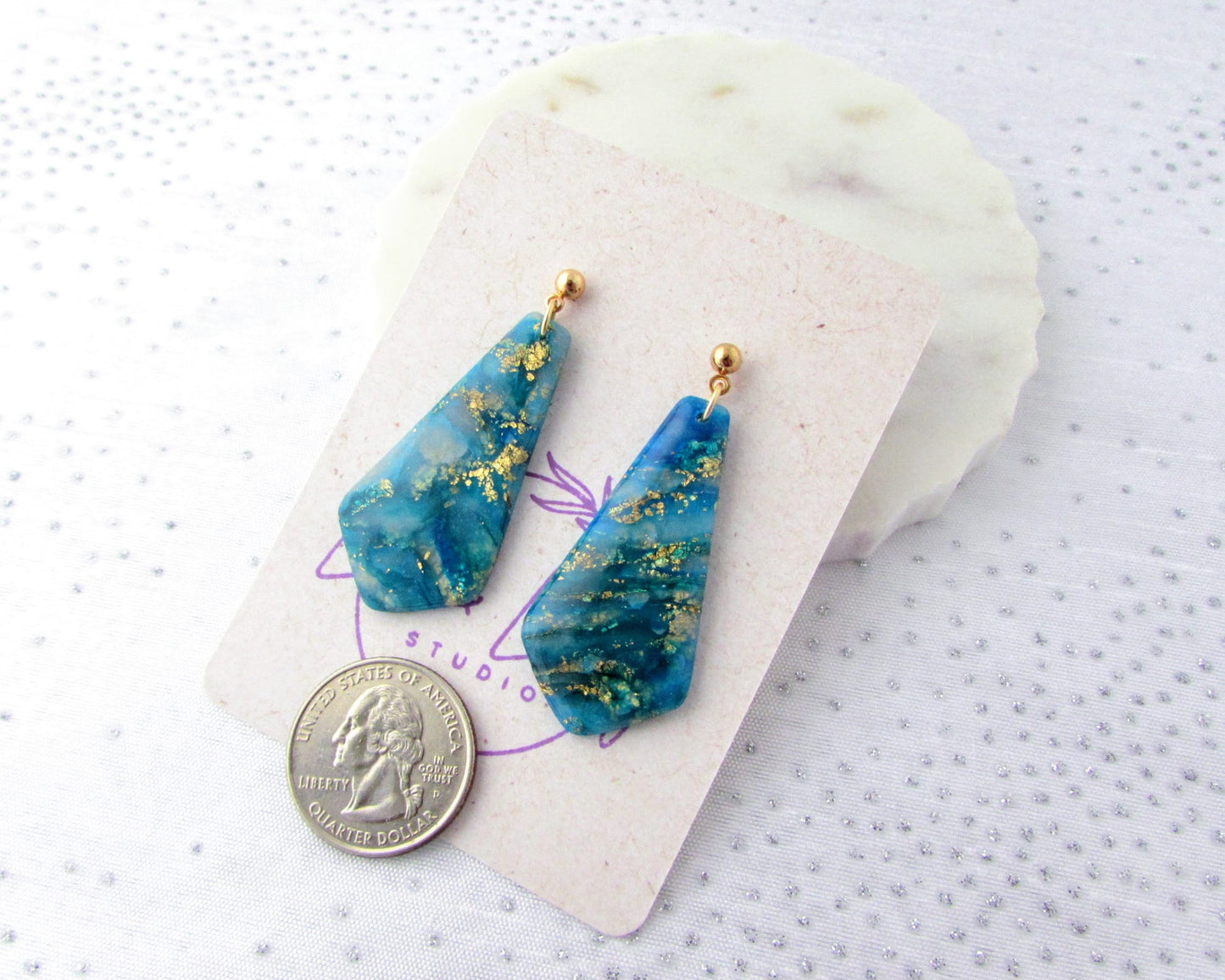 Quartz Clay Earrings - Handmade Polymer Clay Earrings - The Gwen in Aqua Blue and Gold - Elegant & Artsy Dangles - Bridesmaid Gifts