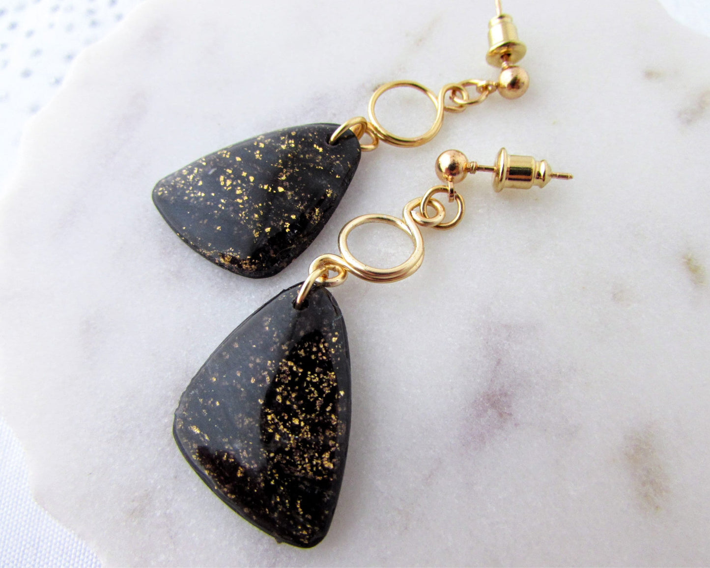 Handmade Polymer Clay Earrings - The Addie in Black Quartz Swirl Clay- Elegant & Artsy Jewelry for your Creative Style