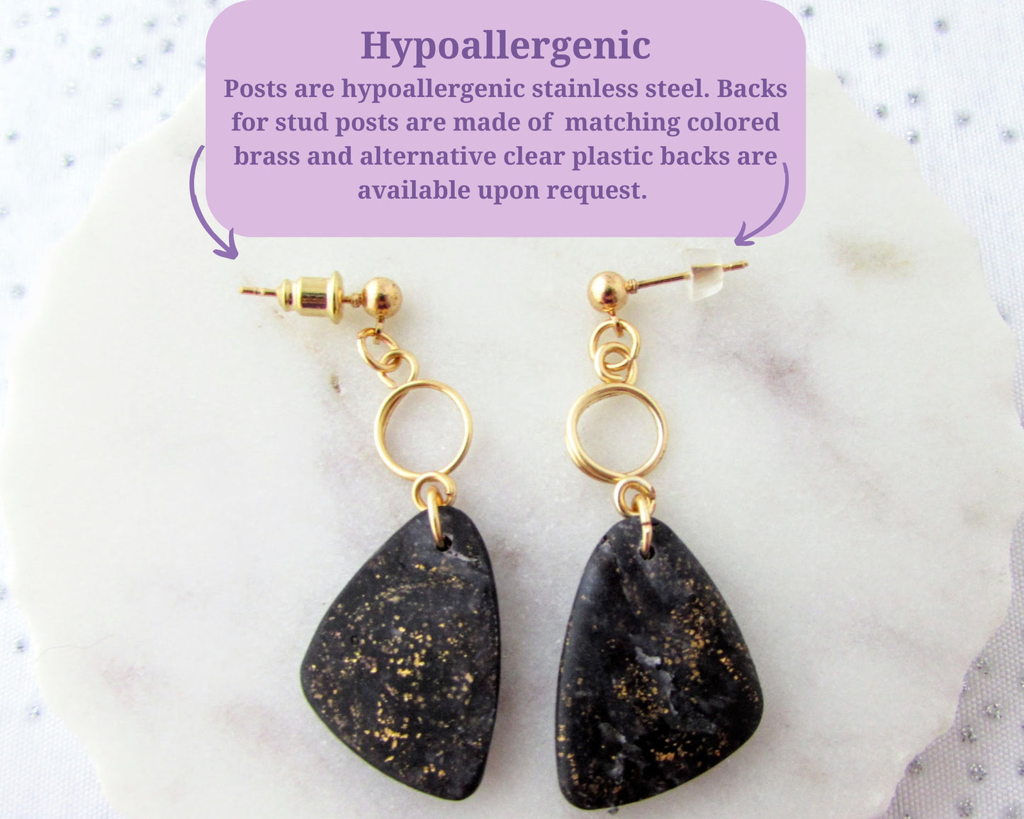 Handmade Polymer Clay Earrings - The Addie in Black Quartz Swirl Clay- Elegant & Artsy Jewelry for your Creative Style