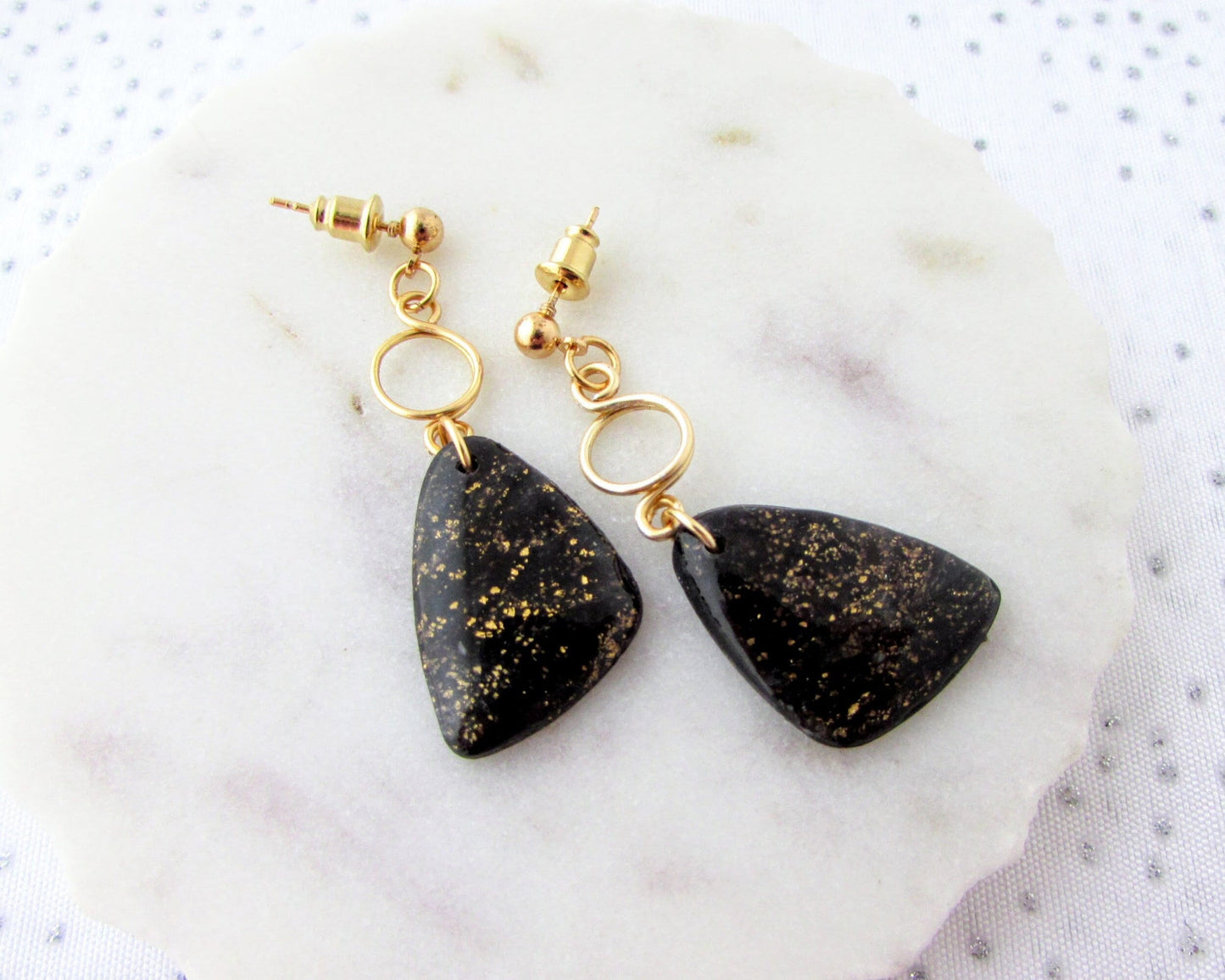 Handmade Polymer Clay Earrings - The Addie in Black Quartz Swirl Clay- Elegant & Artsy Jewelry for your Creative Style