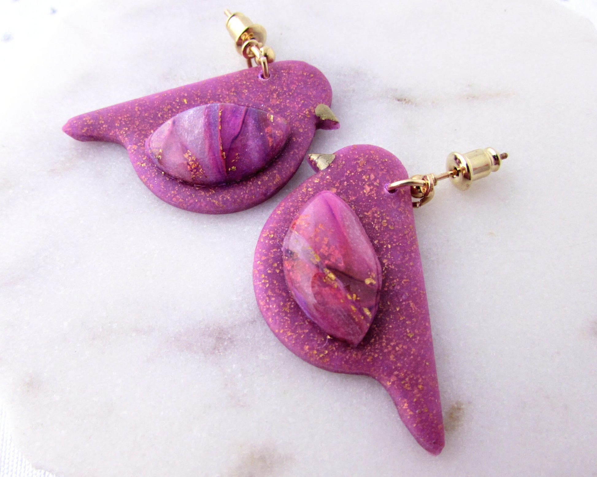 Handmade Polymer Clay Earrings - Song Birds in Lulu & Lainey Purple Quartz and Shimmer Clay - Artsy Jewelry for Whimsical and Creative Style