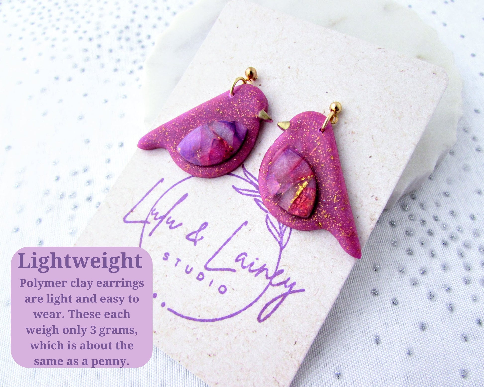 Handmade Polymer Clay Earrings - Song Birds in Lulu & Lainey Purple Quartz and Shimmer Clay - Artsy Jewelry for Whimsical and Creative Style