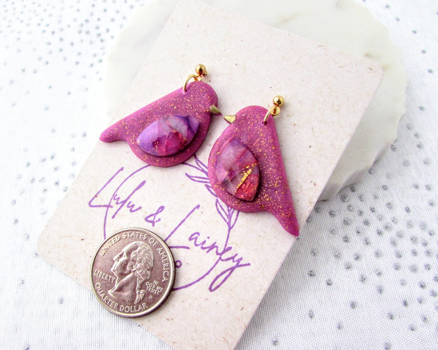 Handmade Polymer Clay Earrings - Song Birds in Lulu & Lainey Purple Quartz and Shimmer Clay - Artsy Jewelry for Whimsical and Creative Style