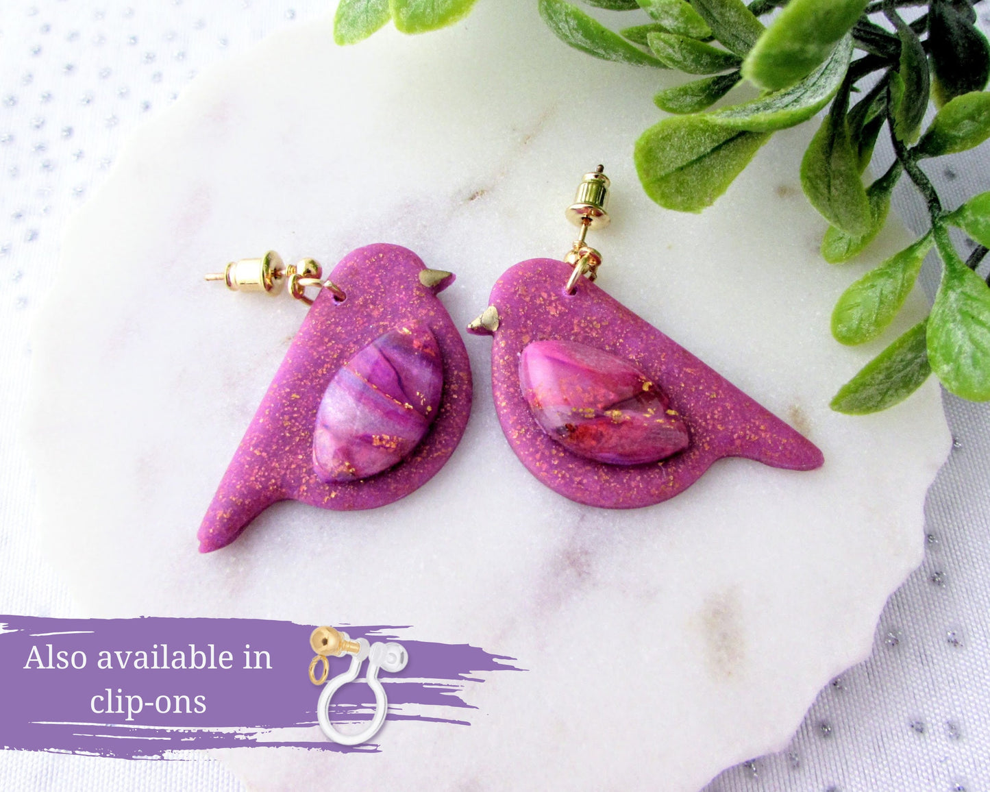 Handmade Polymer Clay Earrings - Song Birds in Lulu & Lainey Purple Quartz and Shimmer Clay - Artsy Jewelry for Whimsical and Creative Style