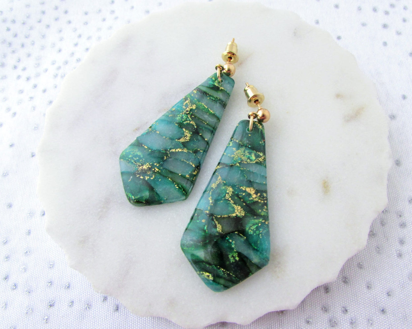 Handmade Polymer Clay Earrings - The Gwen in Emerald Green Quartz Clay - Artsy and Elegant Earrings for a Whimsical and Creative Statement