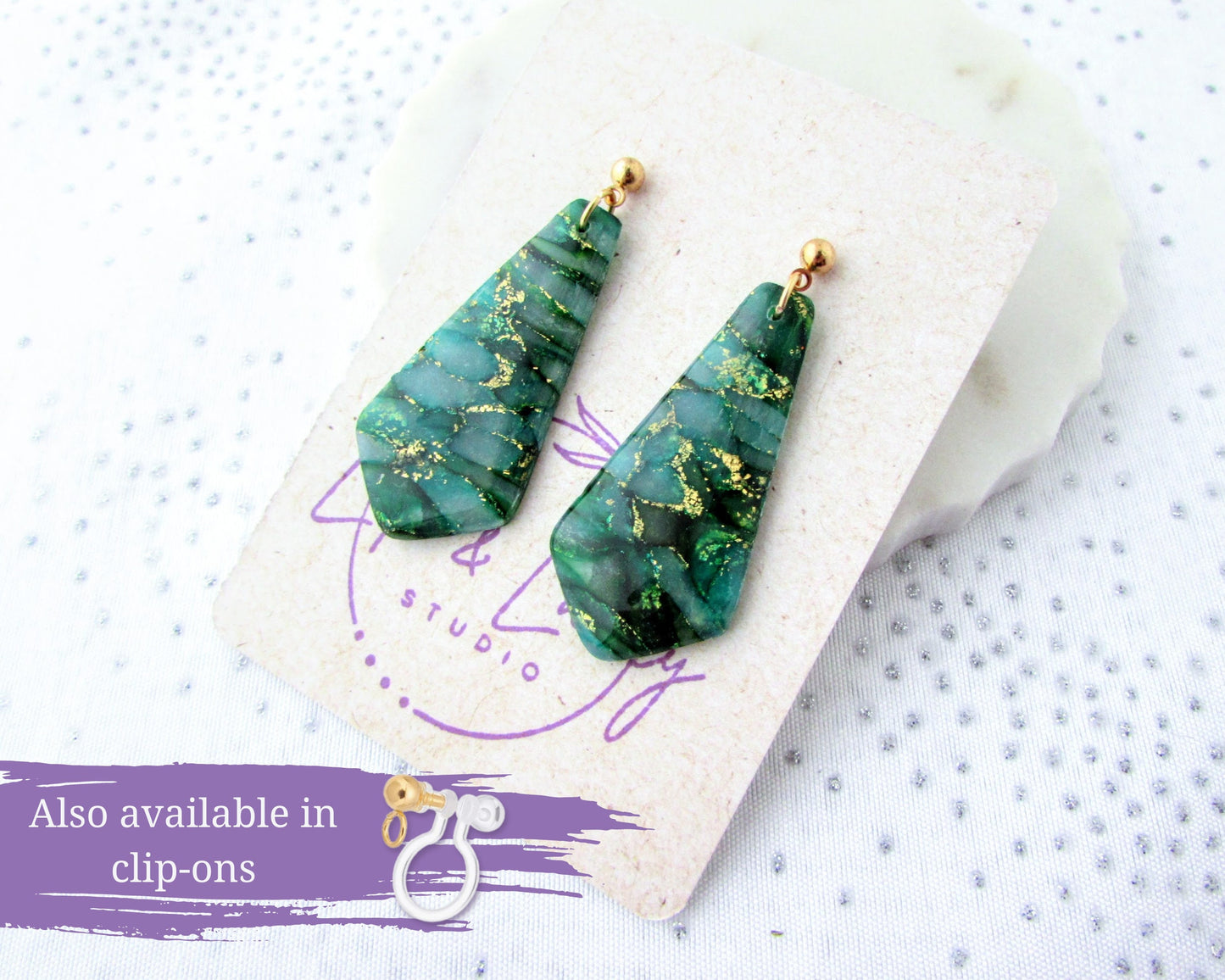 Handmade Polymer Clay Earrings - The Gwen in Emerald Green Quartz Clay - Artsy and Elegant Earrings for a Whimsical and Creative Statement