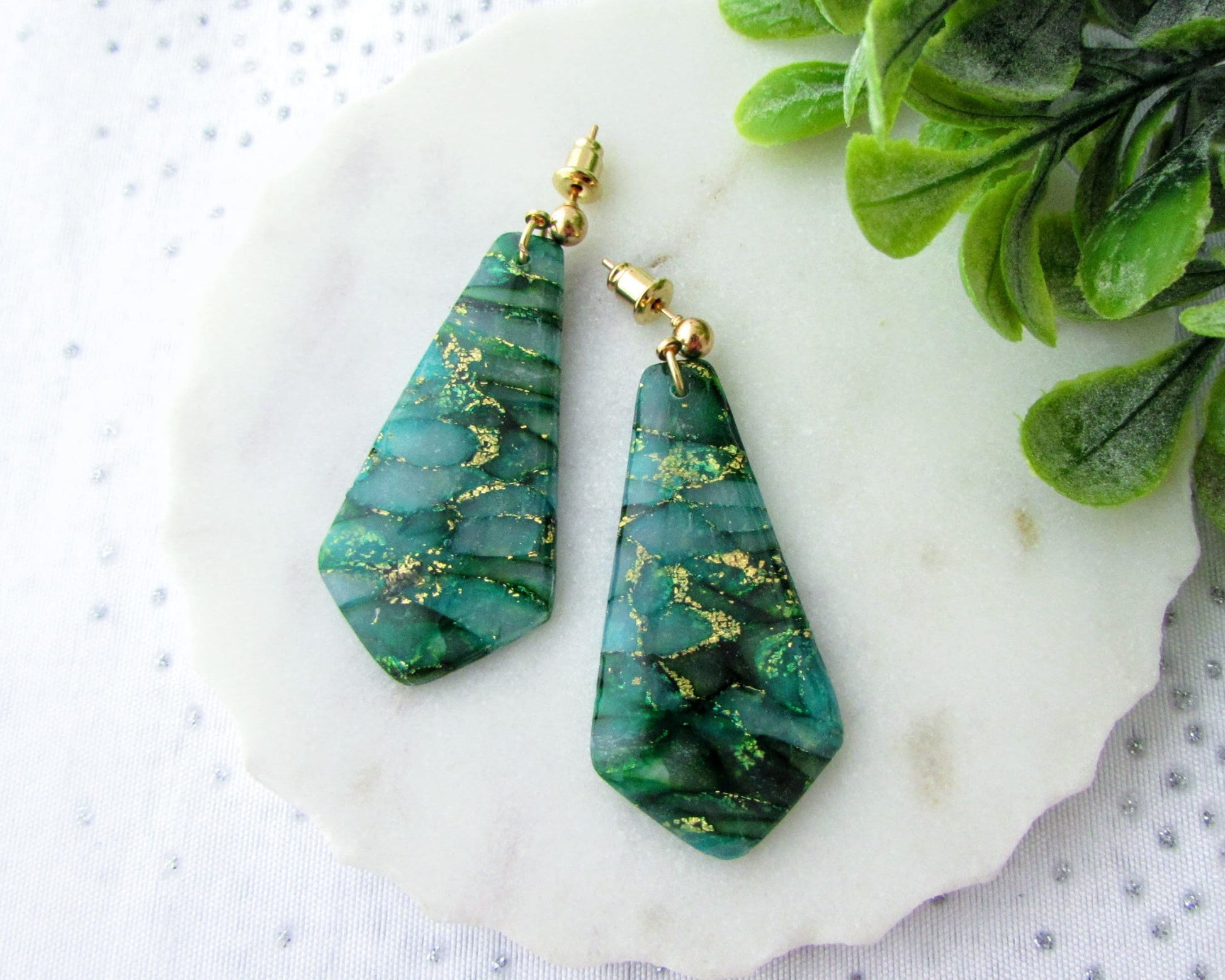 Handmade Polymer Clay Earrings - The Gwen in Emerald Green Quartz Clay - Artsy and Elegant Earrings for a Whimsical and Creative Statement