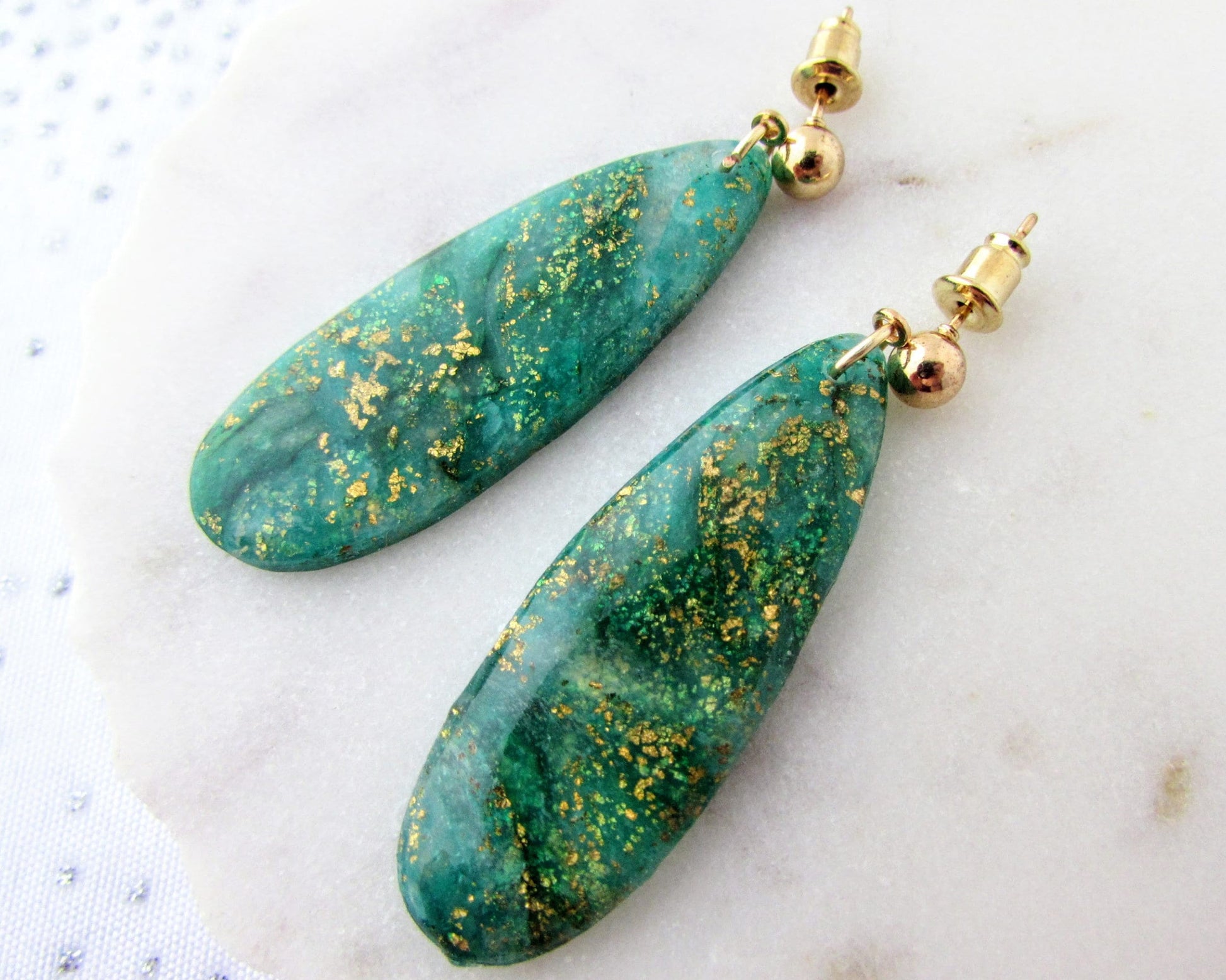 Handmade Polymer Clay Quartz Swirl Earrings - Simple Dangles in Emerald Green - Elegant, Artsy Earrings in a Colorful, Creative Style