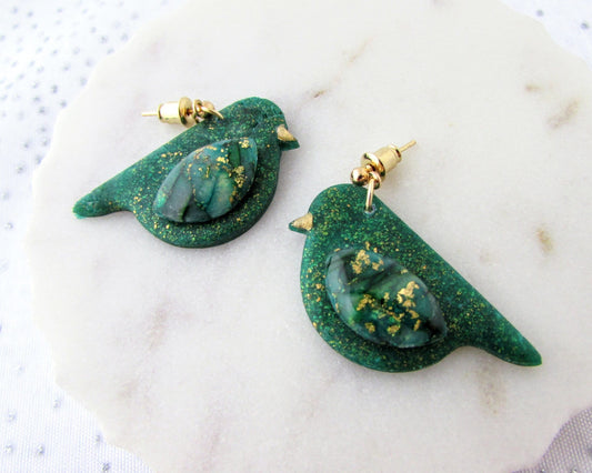 Handmade Polymer Clay Earrings - Song Birds in Emerald Green Quartz and Shimmer Clay - Whimsical and Creative Jewelry - Bird Lover Gift