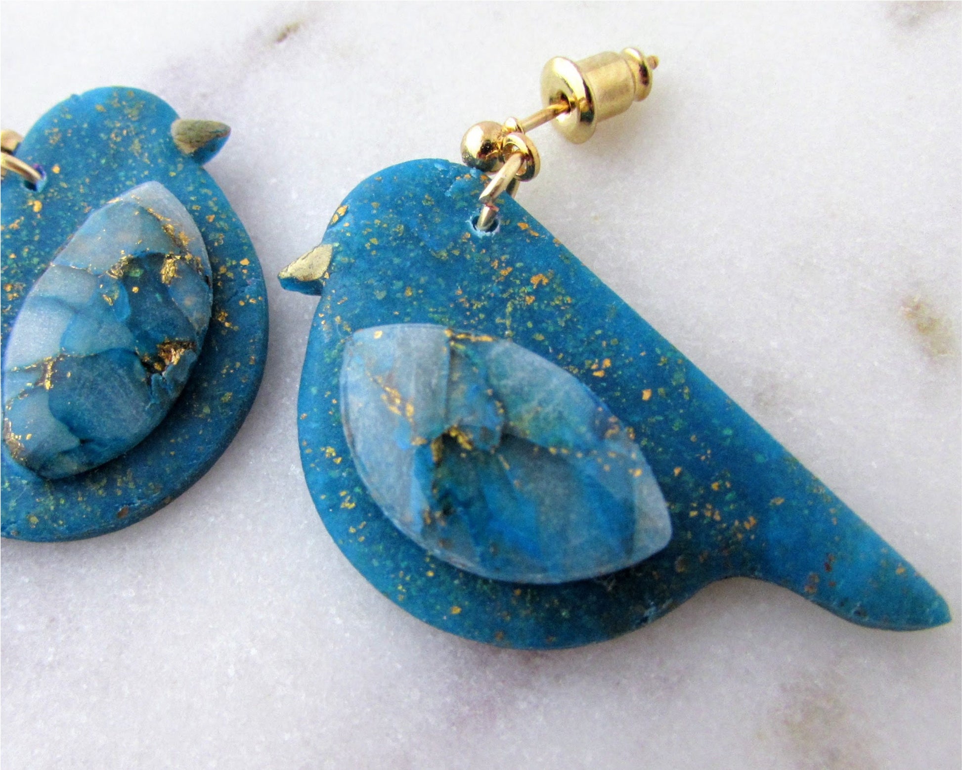 Handmade Polymer Clay Earrings - Song Birds in Aqua Blue Quartz and Shimmer Clay - Whimsical and Creative Jewelry - Bird Lover Gift