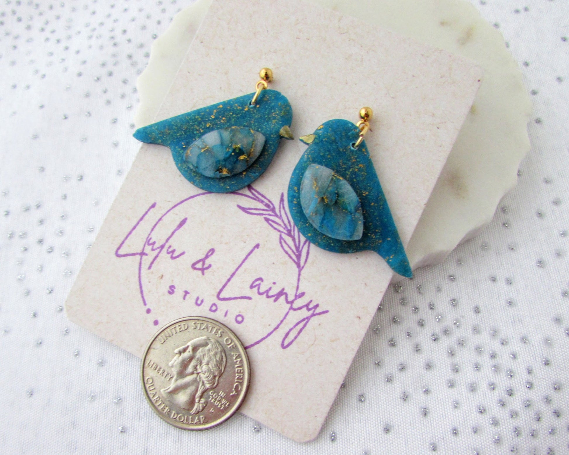 Handmade Polymer Clay Earrings - Song Birds in Aqua Blue Quartz and Shimmer Clay - Whimsical and Creative Jewelry - Bird Lover Gift