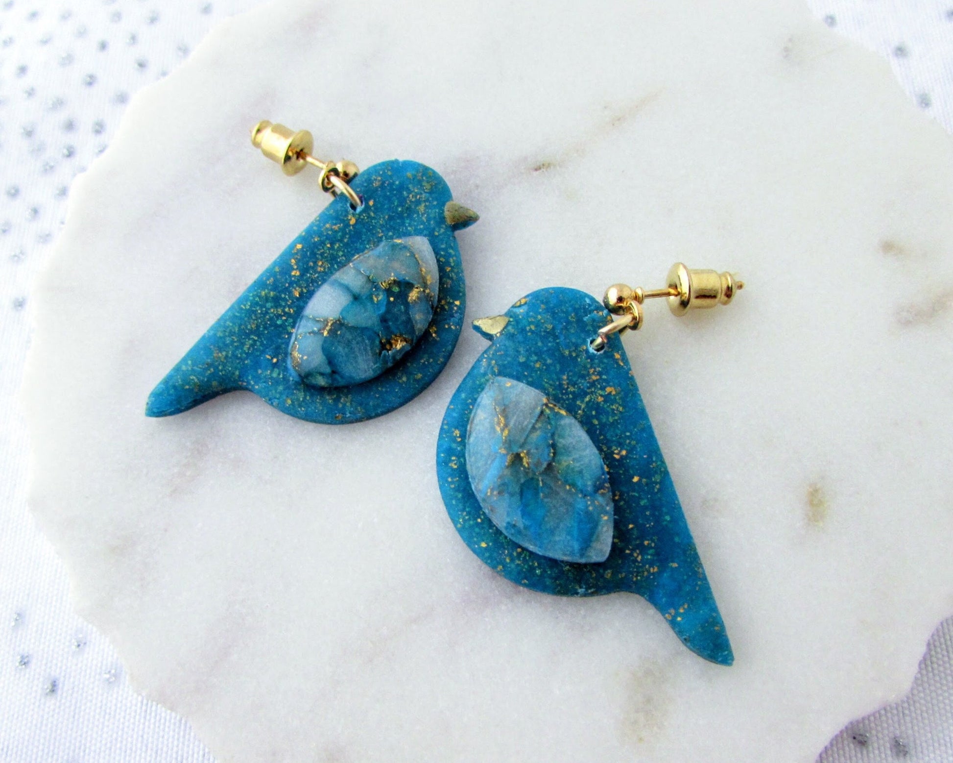 Handmade Polymer Clay Earrings - Song Birds in Aqua Blue Quartz and Shimmer Clay - Whimsical and Creative Jewelry - Bird Lover Gift