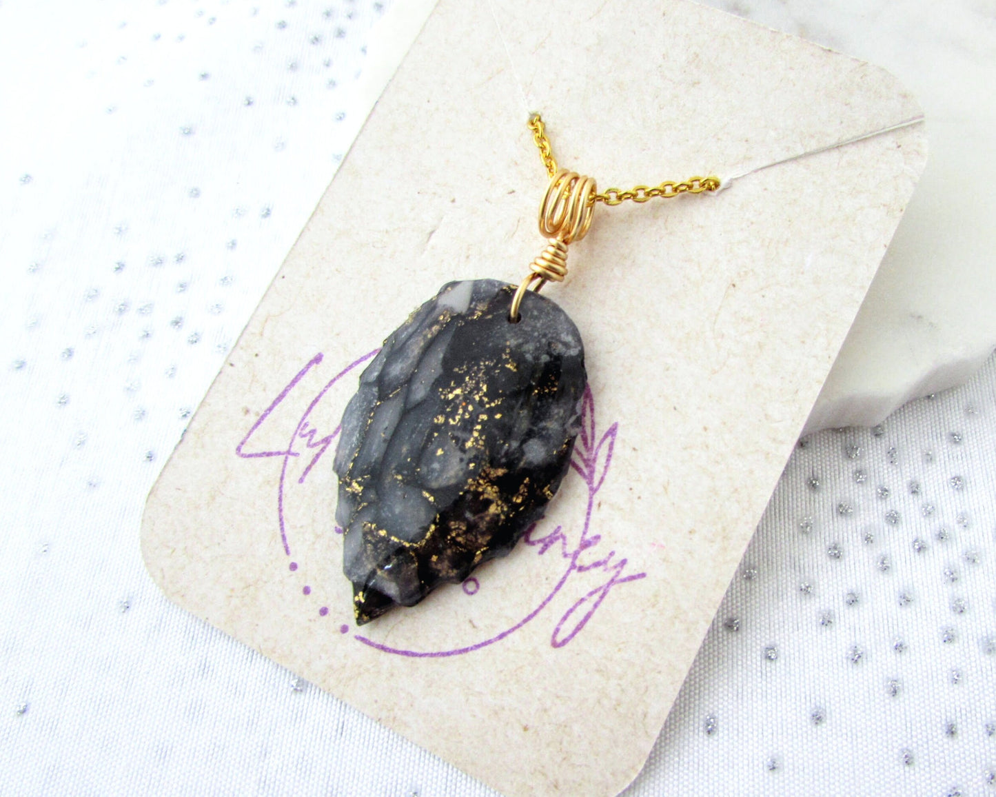 Leaf Necklace - Handmade Polymer Clay Pendant - Black and Gold Quartz Clay - Artsy and Creative Piece for a Whimsical and Fun Statement