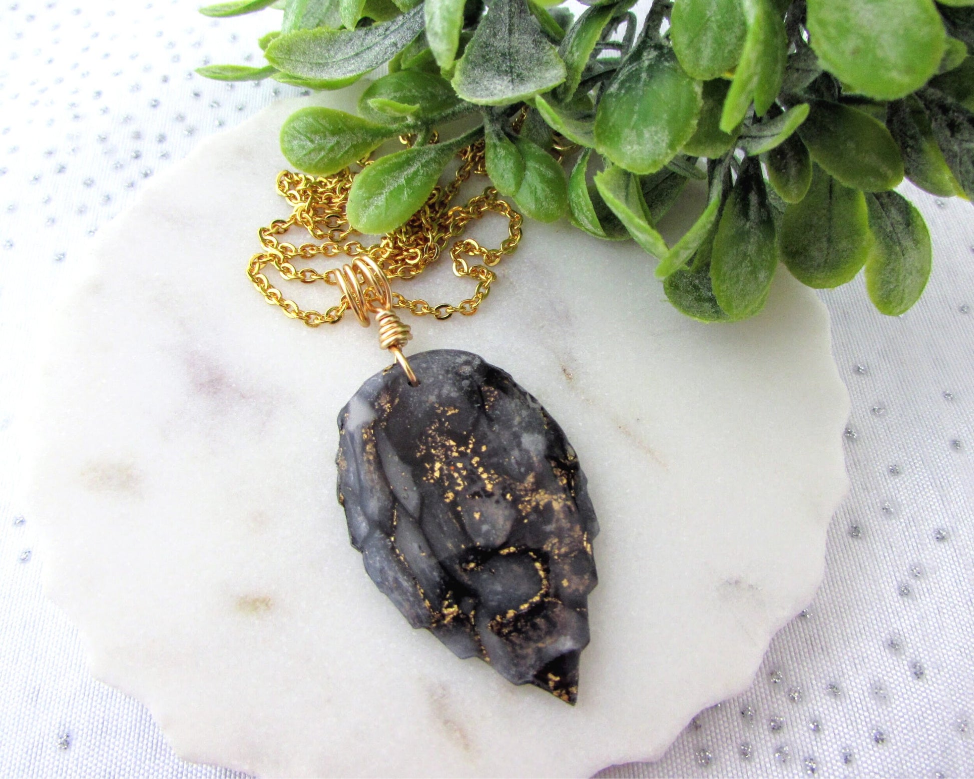 Leaf Necklace - Handmade Polymer Clay Pendant - Black and Gold Quartz Clay - Artsy and Creative Piece for a Whimsical and Fun Statement