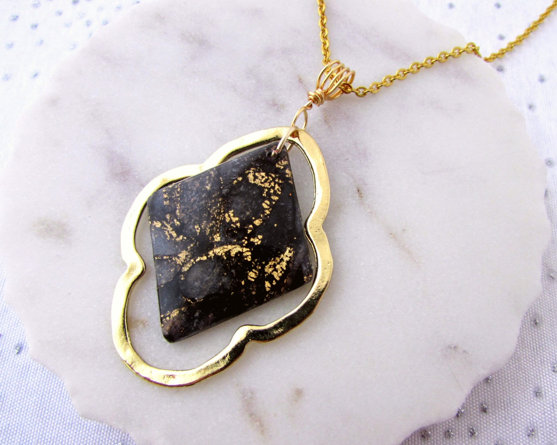 Quatrefoil Necklace - Handmade Polymer Clay Pendant - Gold Quatrefoil and Black & Gold Quartz Swirl Clay - Artsy and Elegant Gift